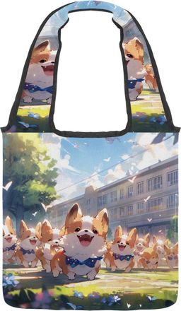 Generic Cute corgi Puppy Reversible Canvas Shoulder Tote - Double-Sided Print, 12oz Cotton, 27cm Drop, Fold-Flat Bag for Travel, Shopping, Street Outings