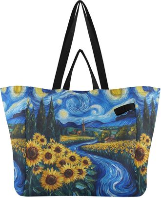 Generic River Sunflower Blue print Reusable Canvas Tote Bag, Heavy Duty Grocery Shopping Bag with Large Capacity Double Handles Hard Bottom Work Groceries Tra