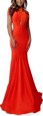 Jasz Couture Crisscrossed Bodice High Neck Mermaid Gown In Red