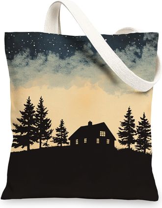 Generic Winter Farmhouse Christmas Canvas Tote Bag for Shopping 13x15, Forest Lodge Cabin Xmas Reusable Grocery Print Bag for Women Men, Farm Holiday Aestheti