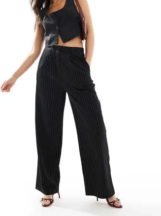 Miss Selfridge tailored wide leg dad pants in black pinstripe-Gray