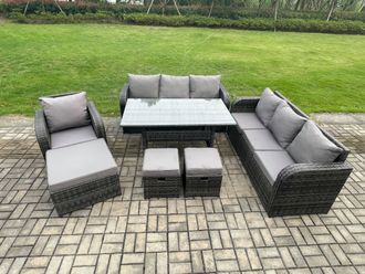 Fimous 10 Seater Outdoor Rattan Garden Furniture Set Oblong Dining Table & Chairs Set with 3 Seater Sofa 3PC Footstools Dark Grey Mixed