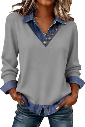 Generic Ladies Jumpers, Ladies Jumpers Sweatshirts Long Sleeve Tops Women UK Trendy Denim Patchwork Tunics Blouse Going Out Slim Fit Pullover Shirts Dressy Ca