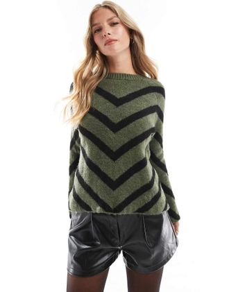 Only stripe knitted sweater in dark green-Gray