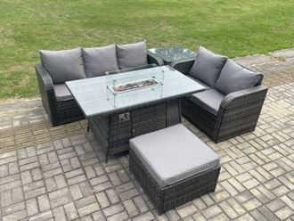 Fimous PE Wicker Outdoor Rattan Garden Furniture Set Propane Gas Fire Pit Table & Sofa set with Side Table Big Footstool in Dark Grey
