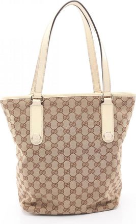 Gucci Beige White Canvas Leather Handbag Tote Bag (Pre-Owned)