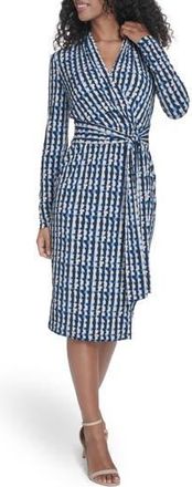 Calvin Klein Long Sleeve Tie Waist Faux Wrap Dress in Indigo/Stoney Beige Multi at Nordstrom Rack, Size 10