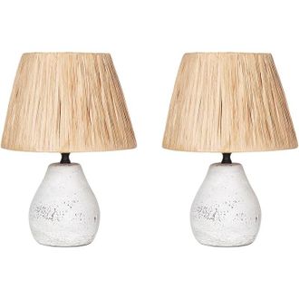 Beliani Beliani - Set of 2 Ceramic Table Lamps Bedside Light with Paper Cone Shades Distressed Effect White and Natural Arwadito