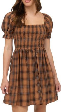 Blu Pepper Plaid Puff Sleeve Smocked Fit & Flare Minidress in Brown Multi at Nordstrom Rack, Size Medium