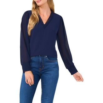 CeCe by Cynthia Steffe Scallop Detail Georgette Top in Classic Navy at Nordstrom, Size X-Large