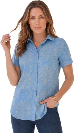 Roaman's Plus Size Kate Short Sleeve Easy Cotton Blend Button Front Shirt in Blue Dot Medallion at Nordstrom, Size 30