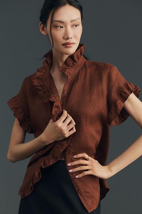English Factory Linen Ruffle Shirt Top