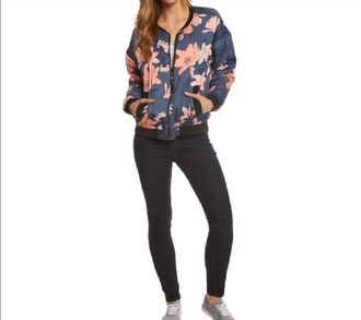 Minkpink Floral Print Bomber Zip Up Puff Jacket In Blue, Pink