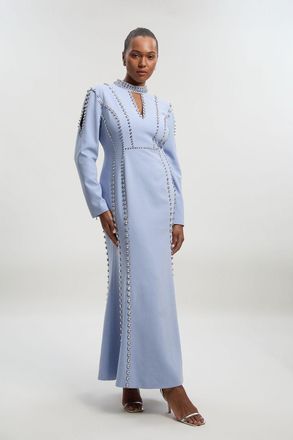 Karen Millen Womens Plus Size Crystal Embellished Woven Plunge Detail Maxi Dress - Blue - Size 18 UK