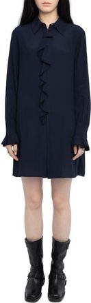 Zadig&Voltaire Rhelyne Ruffle Long Sleeve Shirtdress in Encre at Nordstrom, Size X-Small