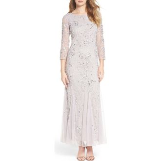 Pisarro Nights Illusion Sleeve Beaded A-Line Gown in Silver at Nordstrom Rack, Size 4