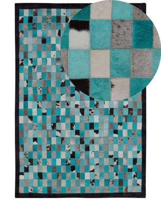 Beliani Tappeto Turchese E Grigio In Pelle 160 X 230 Cm Motivo A Scacchi Nikfer
