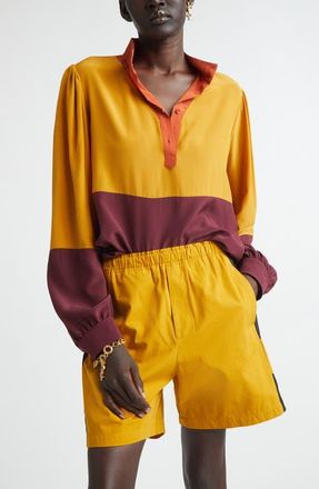 Saint Laurent Colorblock Silk Cr&ecirc;pe de Chine Half-Placket Shirt in Lie De Vin at Nordstrom, Size 10 Us