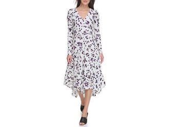 DKNY Long Sleeve Print V-Neck Wrap Dress Womens Clothing Pebble/Black : SM, Polyester/Spandex
