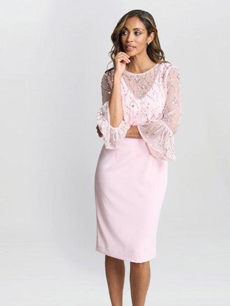 Gina Bacconi Womens Pippa Beaded Jacket With Fluted 3/4 Sleeve And Crepe Shift Dress - Pink - Size 18 UK