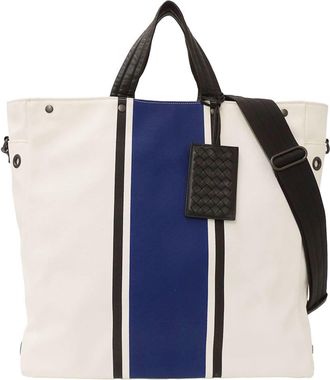 Bottega Veneta Blue Ivory Canvas Handbag Shoulder Bag Tote Bag (Pre-Owned)