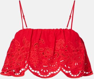 Farm Rio Broderie anglaise linen-blend crop top
