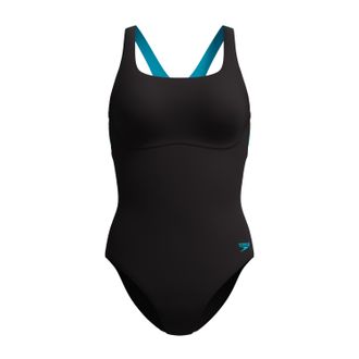 Speedo Badeanzug SPEEDO Solid Flex Band Gr. 50, blk, ltblu, Badeanz&uuml;ge, Damen, 50, N-Gr, Obermaterial: 100% Polyester, Badeanzug, sportlicher Stil, mit Endur