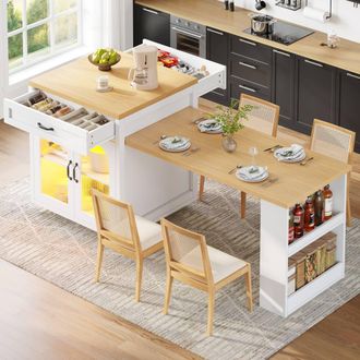 Merax Kitchen Island with LED, Drawers & Extendable Dining Table in White