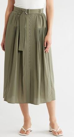 Adrianna Papell Belted Button Front Pleated Midi Skirt in Olive Tree at Nordstrom Rack, Size X-Small