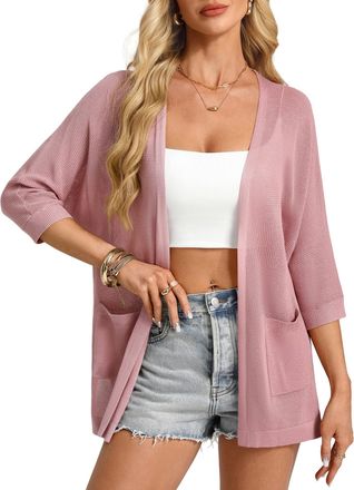 Grace Karin Womens 3/4-Sleeves Open Front Cardigan Summer Casual Batwing Sleeve Lightweight Tops with Pockets Pink XL