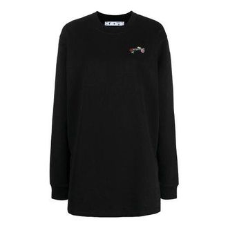 Off-white (WMNS) Off-White Arrow Embroidered Flowers Sports Long Loose Fit Black Hoodie OWDB098R21JER0011084