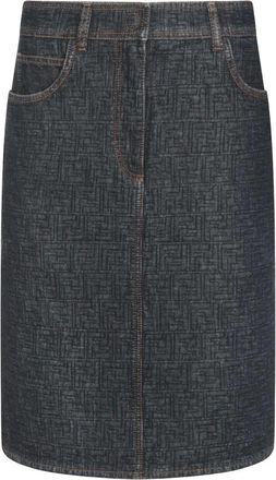 Fendi Gonna Midi Svasata In Denim Con Motivo Ff Trapuntato All Over-Donna