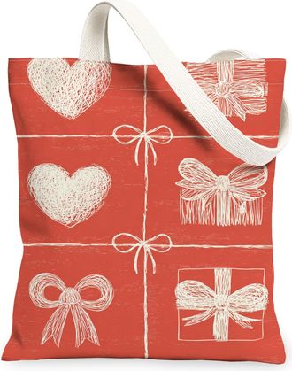 Generic ValentineS Heart Canvas Tote Bags, Love Pattern Reusable Grocery Bags, Vintage Rustic Lightweight Washable Shoulder Strap, Red, 13x15 Inch