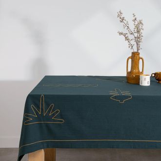 Maisons du monde Mantel de algod&oacute;n org&aacute;nico verde con flores, 150x250 cm