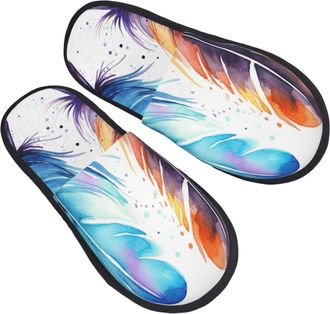Generic Fluffy Slippers Watercolor Abstract Art Animal Feather Portable Plush Slippers Furry Anti-Slide Slipper For Holiday Guest Room Home L