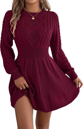 Generic Womens Solid Color Dress Round Neck Long Sleeve Cable Knit Sweater Dress A Line Casual Fashion Dresses Wine M