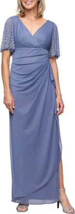 Alex Evenings Imitation Pearl Detail Metallic Gown in Dusty Blue at Nordstrom, Size 10