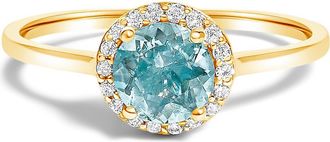 House of Brilliance 10K Gold Gemstone and 1/10 Cttw Diamond Halo Birthstone Ring in Yellow | Blue Aquamarine at Nordstrom, Size 6.5