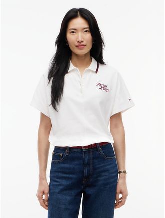 Tommy Hilfiger Womens Relaxed Fit Embroidered Logo Polo - Ecru - XL