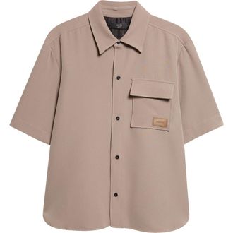Amiri Logo Patch Short Sleeve Stretch Cady Button-Up Shirt in Dark Sand at Nordstrom, Size Xxx-Large