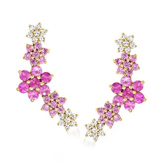 Ross-Simons Pink Sapphire and. Diamond Floral Ear Climbers in 14kt Yellow Gold
