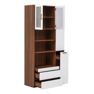 STILVORA Aparador Alto Con 2 Cajones, Puertas De Vidrio Acanalado Y Estantes Extra&iacute;bles, En Mdf, Blanco Nogal, 100&times;40&times;200 Cm