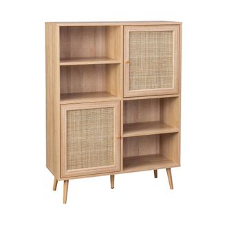 Sweeek Aparador de 4 puertas con almacenaje de ca&ntilde;a y efecto madera, natural