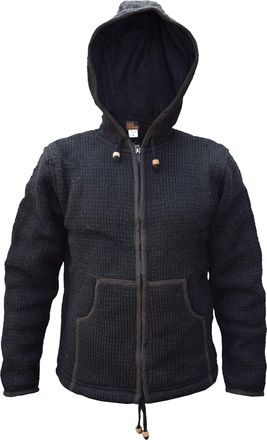Gheri Natural Woolen Knitted Hand Made Sherpa Jacket Jumper Hoodie Black Small