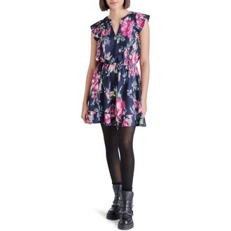 Steve Madden Floral Ruffle Trim Minidress in Navy at Nordstrom Rack, Size Medium