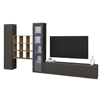 Dmora Pared Equipada Dcapann, Conjunto De Sal&oacute;n Mueble De Tv Con 4 Puertas, Mueble De Sal&oacute;n Polivalente Con Vitrina Y Luz Led, 100% Made In Italy, Cm 310x30