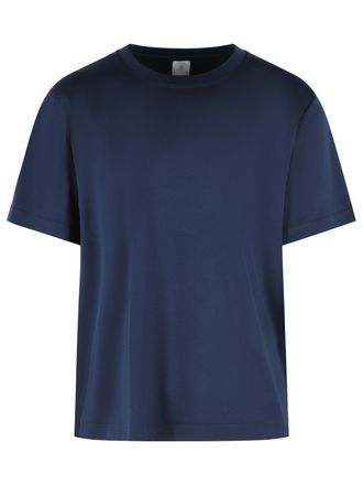Eleventy Ribbed Crew Neck Blue Cotton T-Shirt With Side Slits