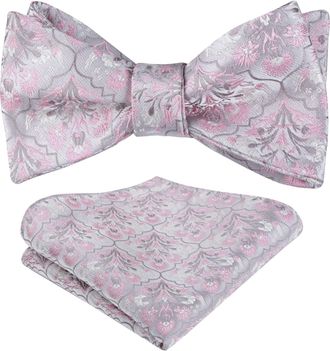 Alizeal Mens Floral Self Tied Bow Tie and Pocket Square for Wedding Party Business Tie Set, Silver+Pink+Gray