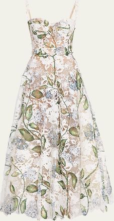 Oscar De La Renta Sleeveless Porcelain Flowers-Print Lace Maxi Dress