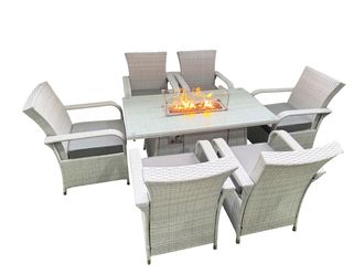 Fimous Outdoor Rattan Garden Furniture Set Patio 6 Chairs Plus Gas Fire Pit Table Sets Light Grey Mixed